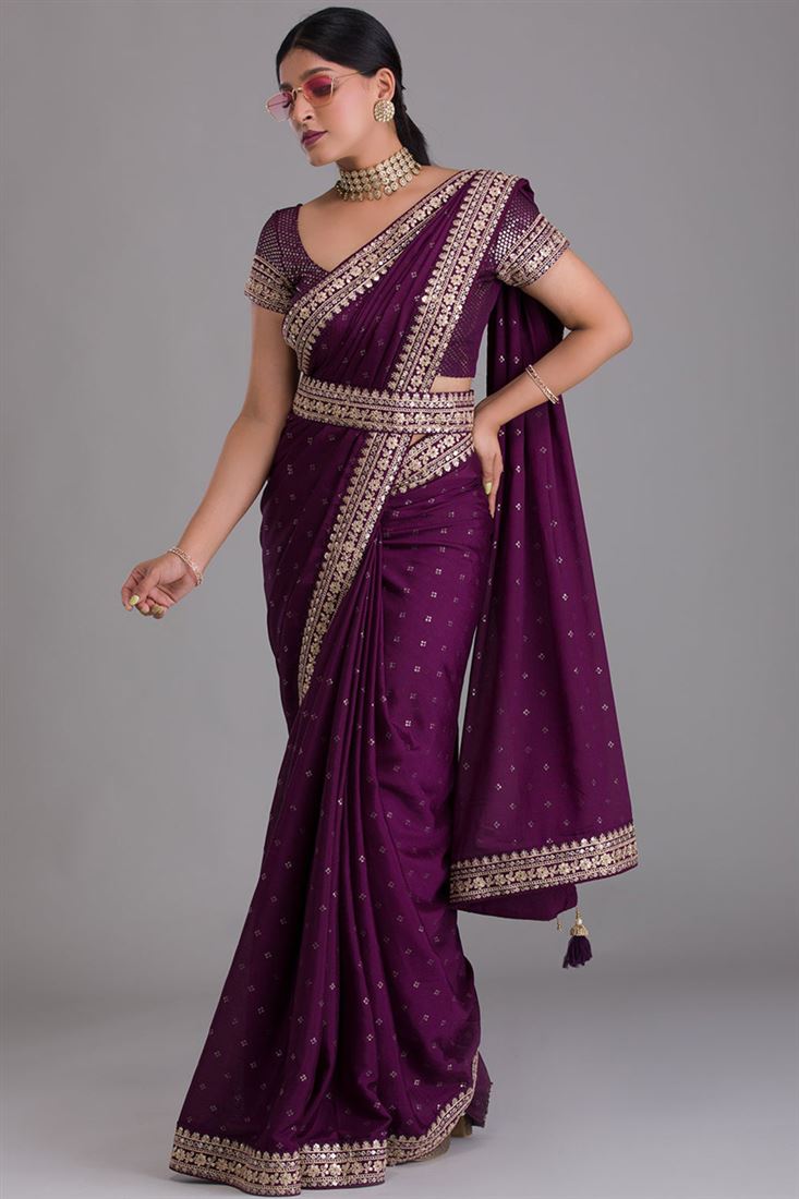 Art Silk Fabric Tempting Sequins Work Saree In Wine Color