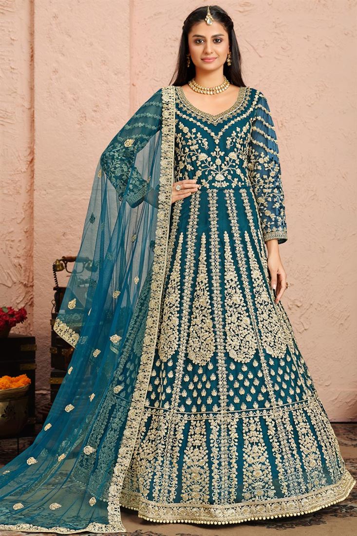 Net Fabric Party Wear Teal Color Embroidered Designer Anarkali Suit