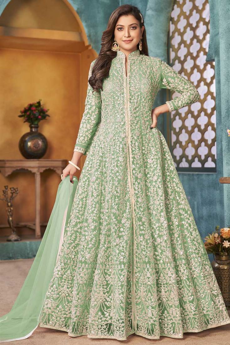Stunning Sea Green Color Function Wear Embroidered Anarkali Suit In Net Fabric