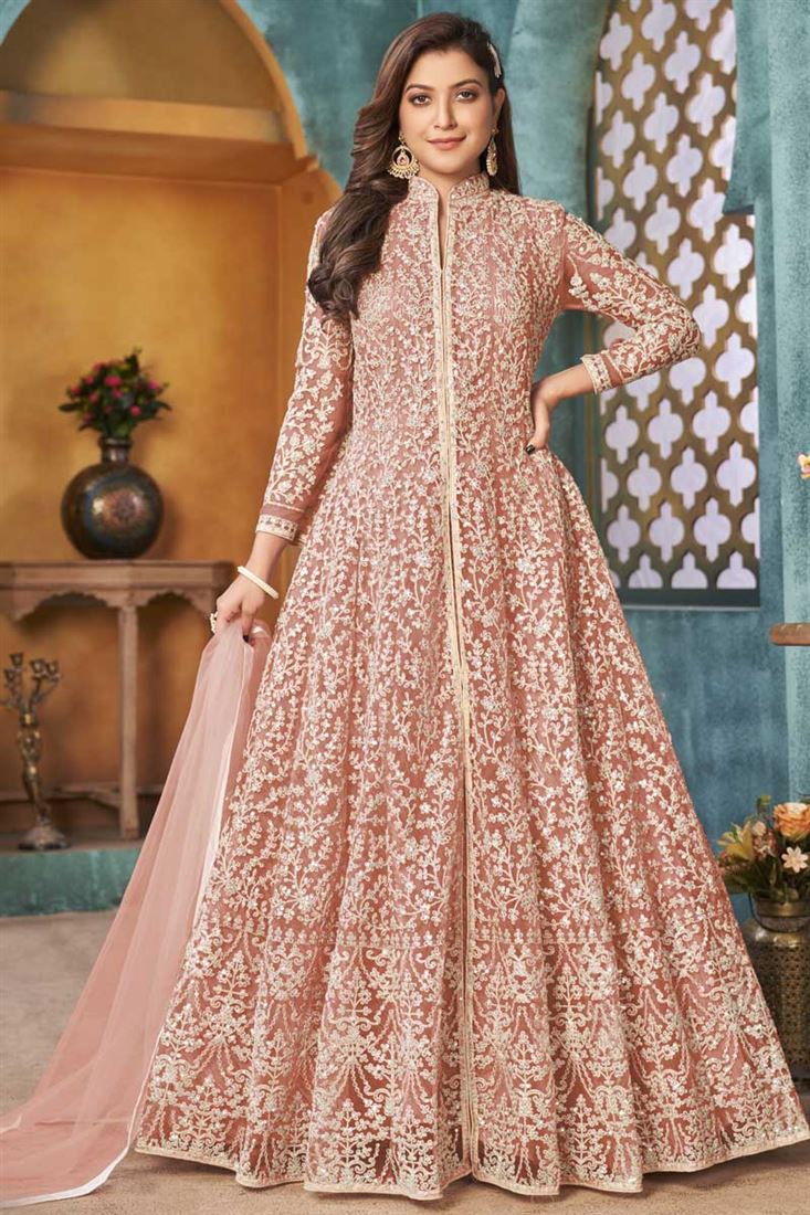 Function Wear Net Fabric Embroidered Work Peach Color Wonderful Anarkali Suit