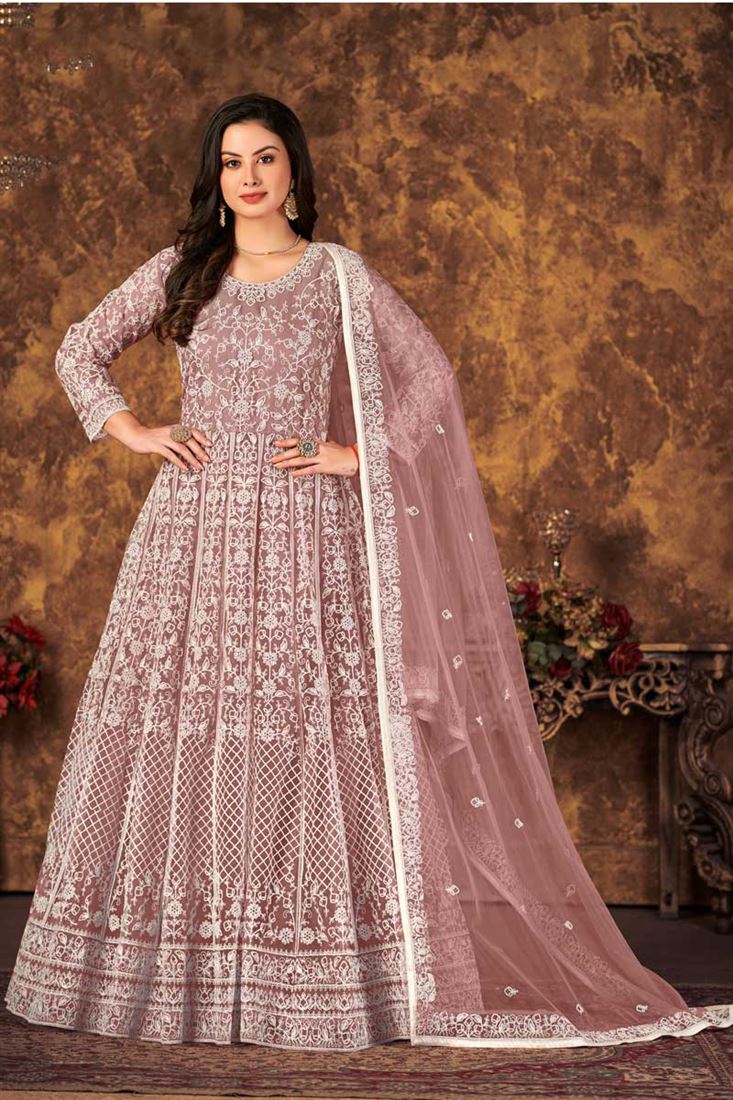 Engaging Lavender Color Net Fabric Function Wear Anarkali Suit