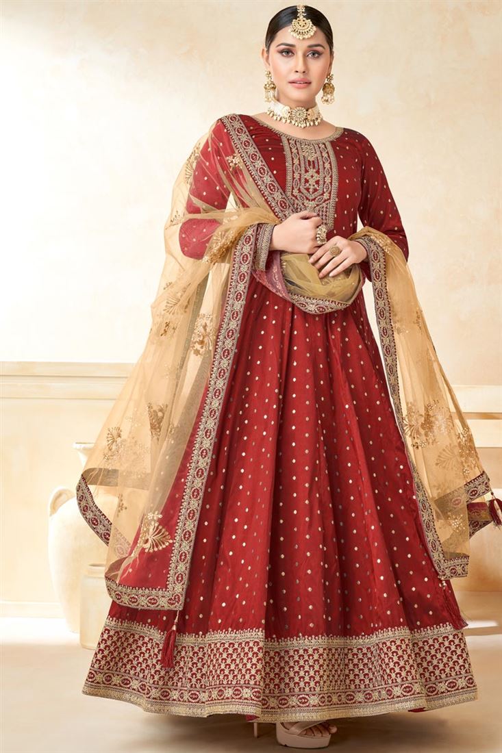 Rust Color Pleasance Function Look Anarkali Suit In Fancy Fabric