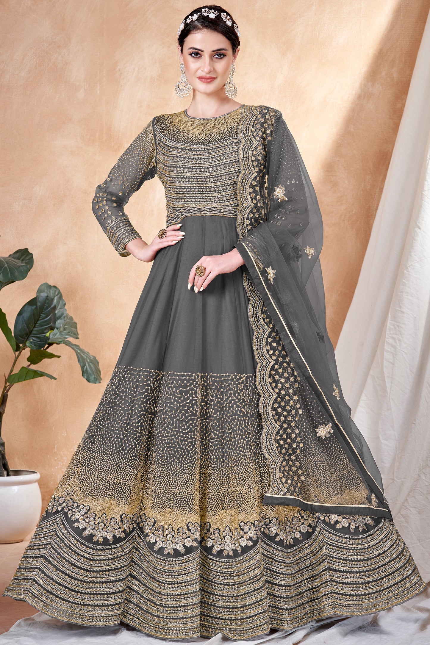 Embroidered Sangeet Wear Anarkali Salwar Kameez In Net Fabric