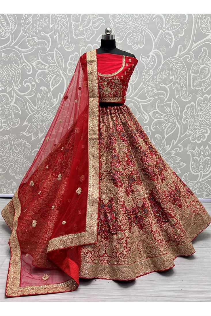 Wedding Wear Silk Fabric Embroidered Bridal Lehenga in Vibrant Red Color