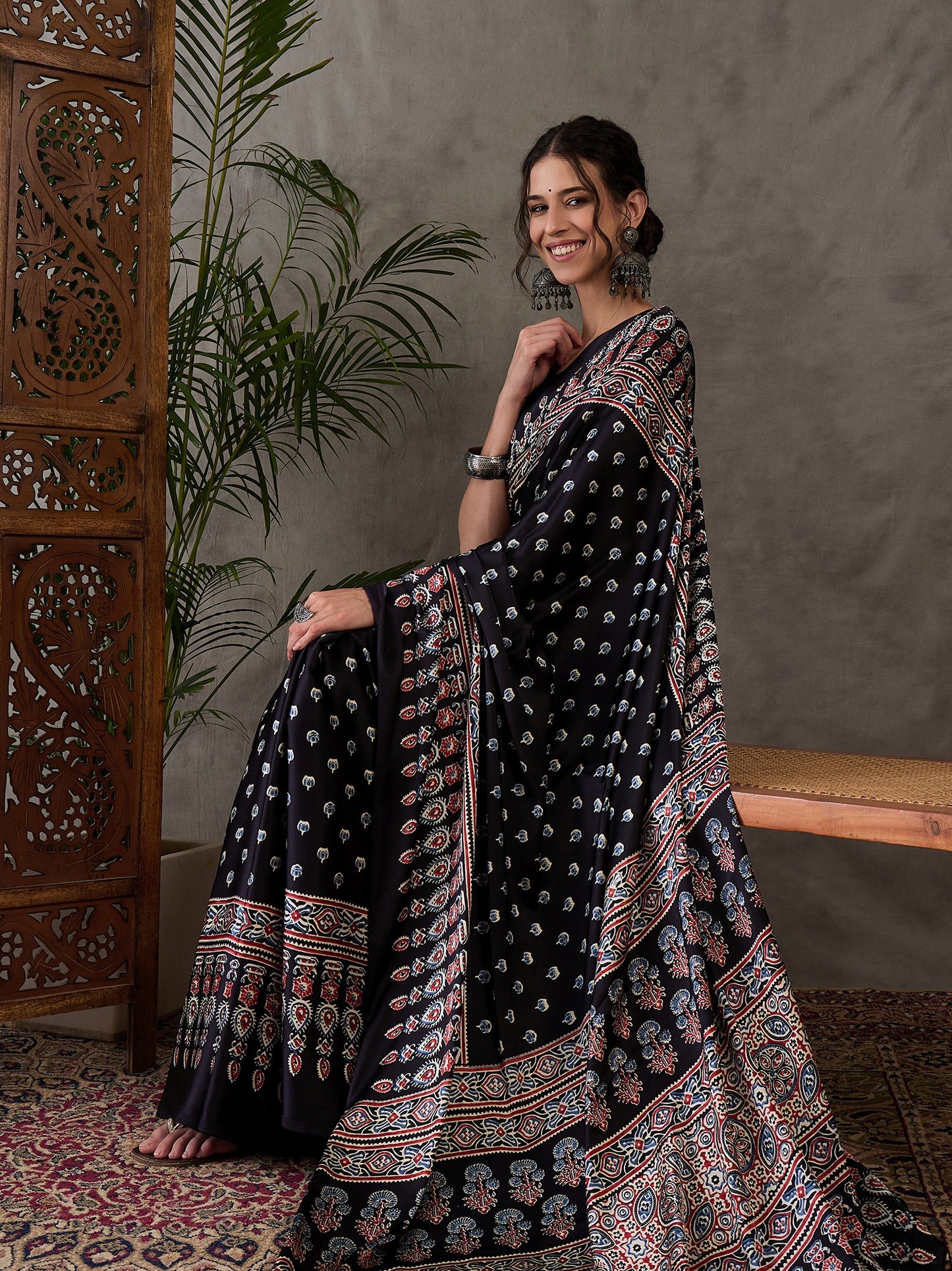 Rana Pure Semi Modal Silk Floral Printed Black Saree