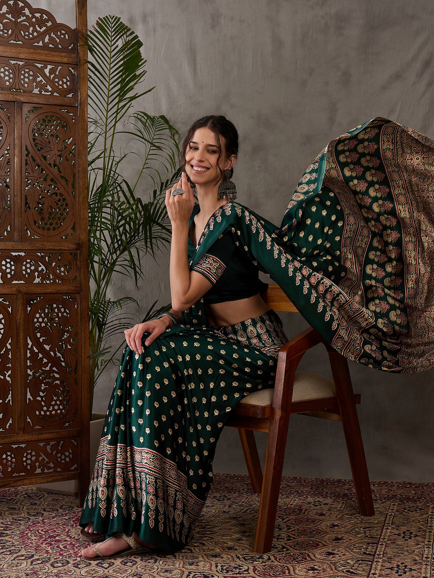 Rana Pure Semi Modal Silk Floral Printed green Saree