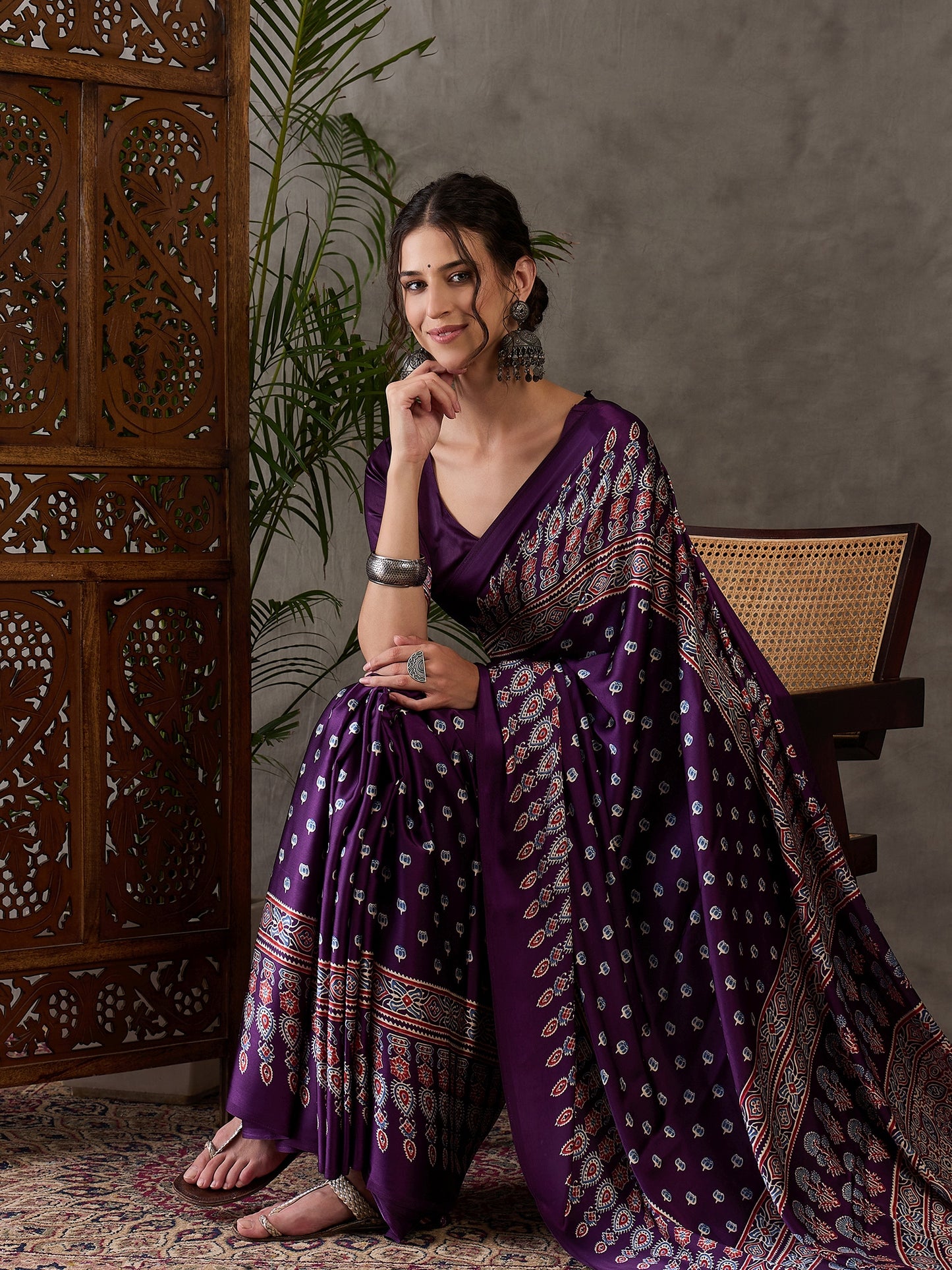 Rana Pure Semi Modal Silk Floral Printed Purpul Saree