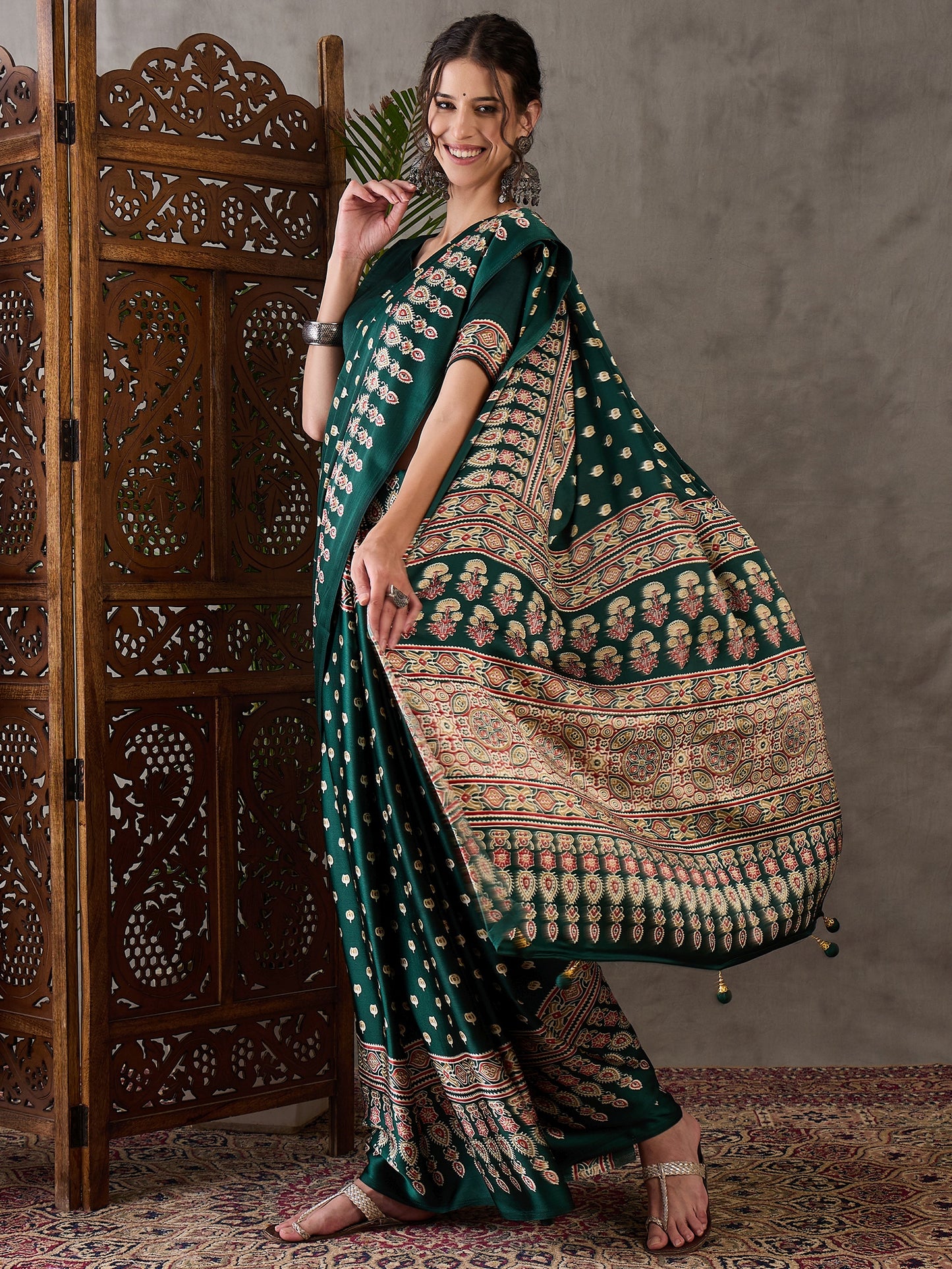 Rana Pure Semi Modal Silk Floral Printed green Saree