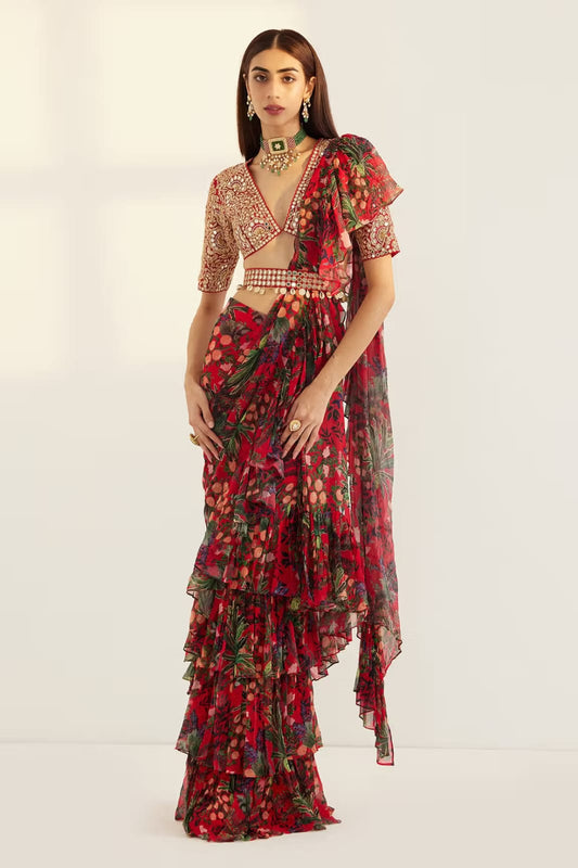 लाल जॉर्जेट रफ़ल साड़ी