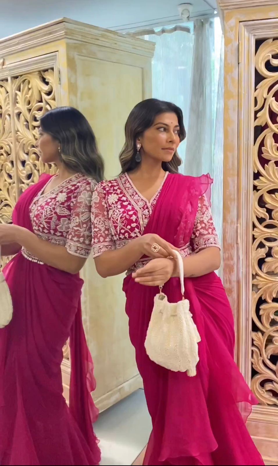 Red Georgette Chiffon Draped Saree Set