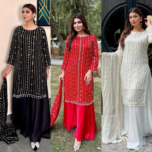 महिला जॉर्जेट कुर्ता पलाज़ो दुपट्टा सेट