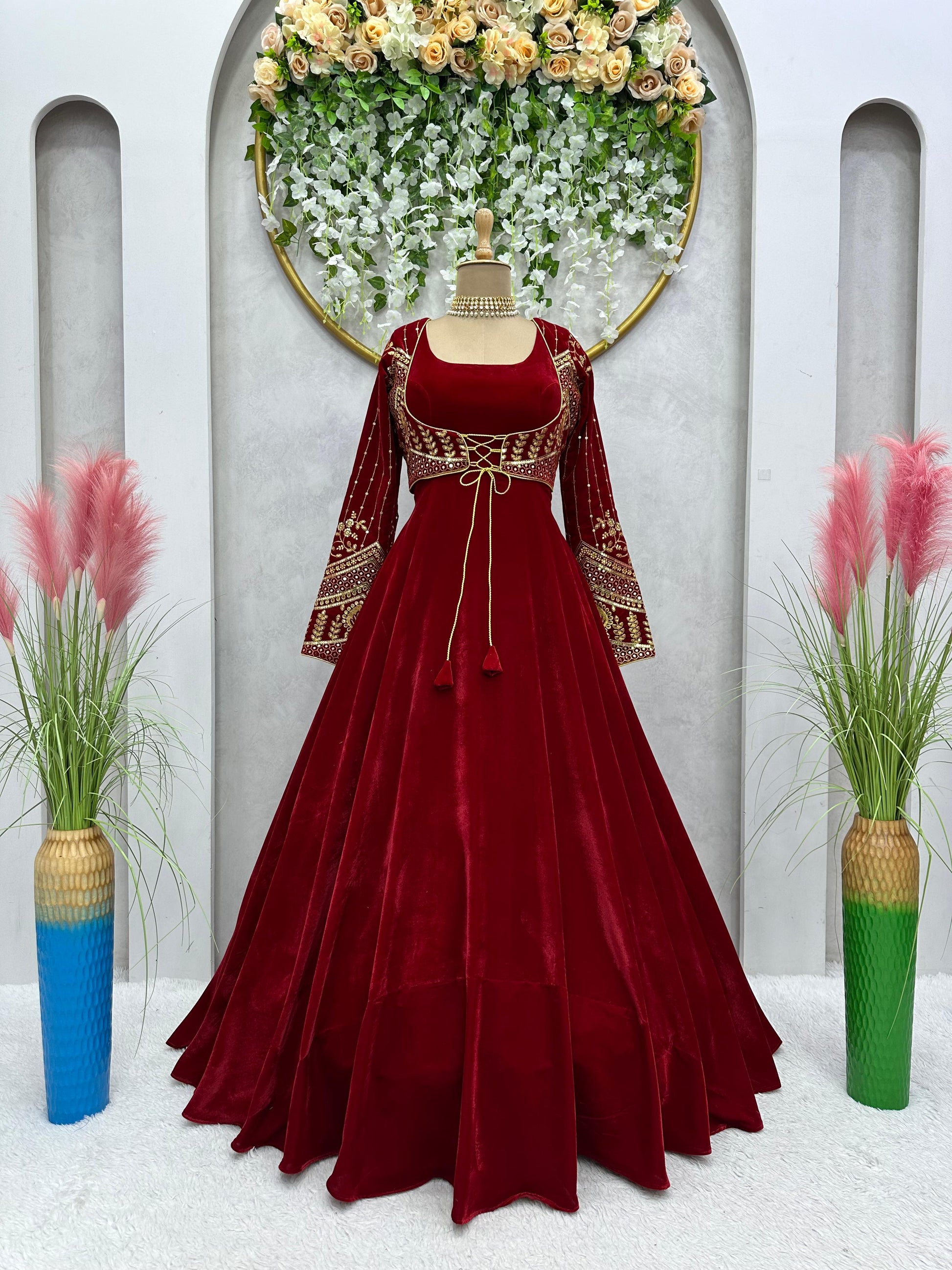 Fashionable Red Color Velvet Sequence Work Long Gown – Desilook