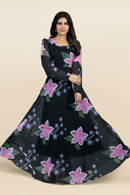 काले फूल मुद्रित अनारकली गाउन कैटलॉग