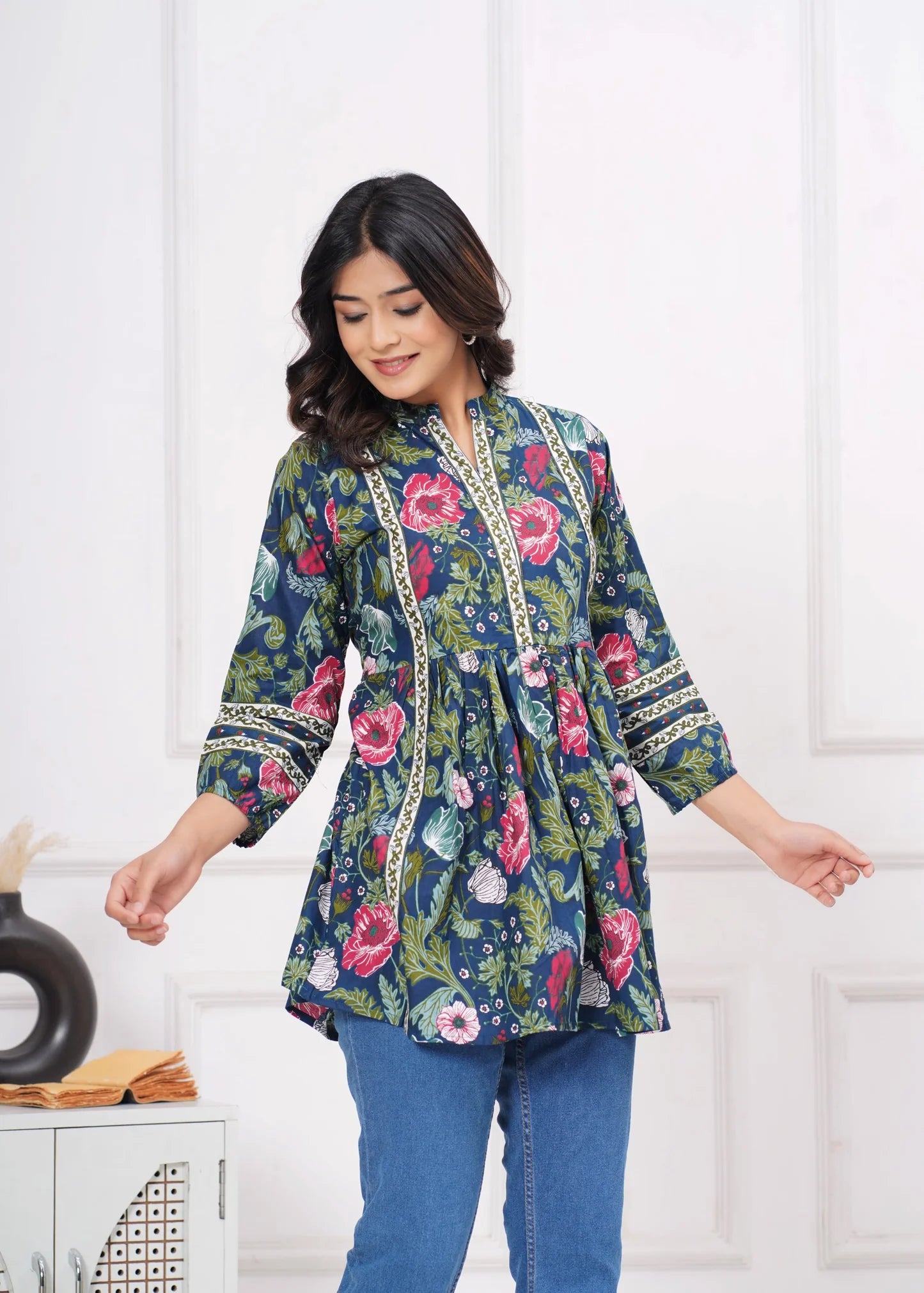 Silvi Dark Blue Floral Printed Western Top Collection