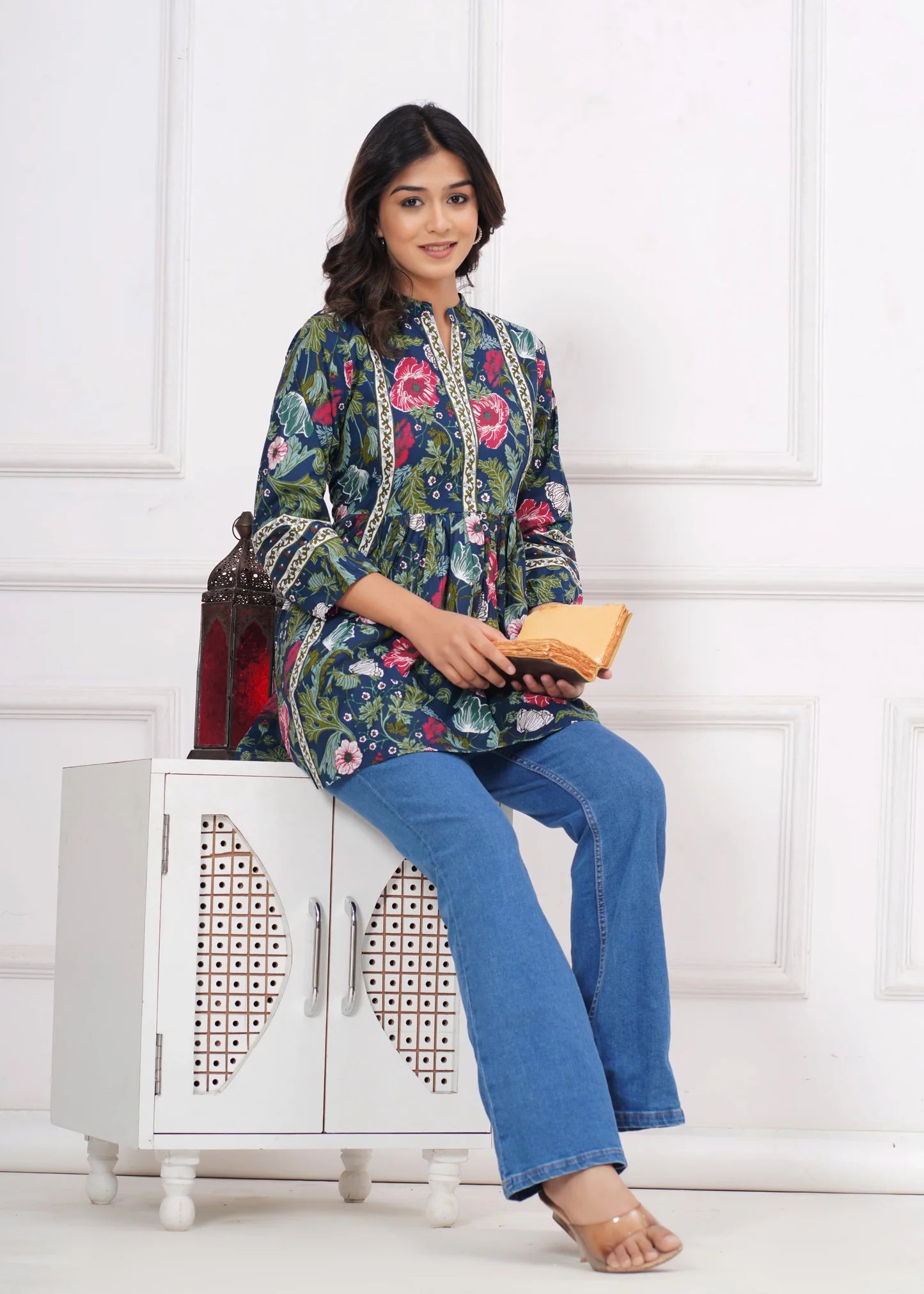 Silvi Dark Blue Floral Printed Western Top Collection