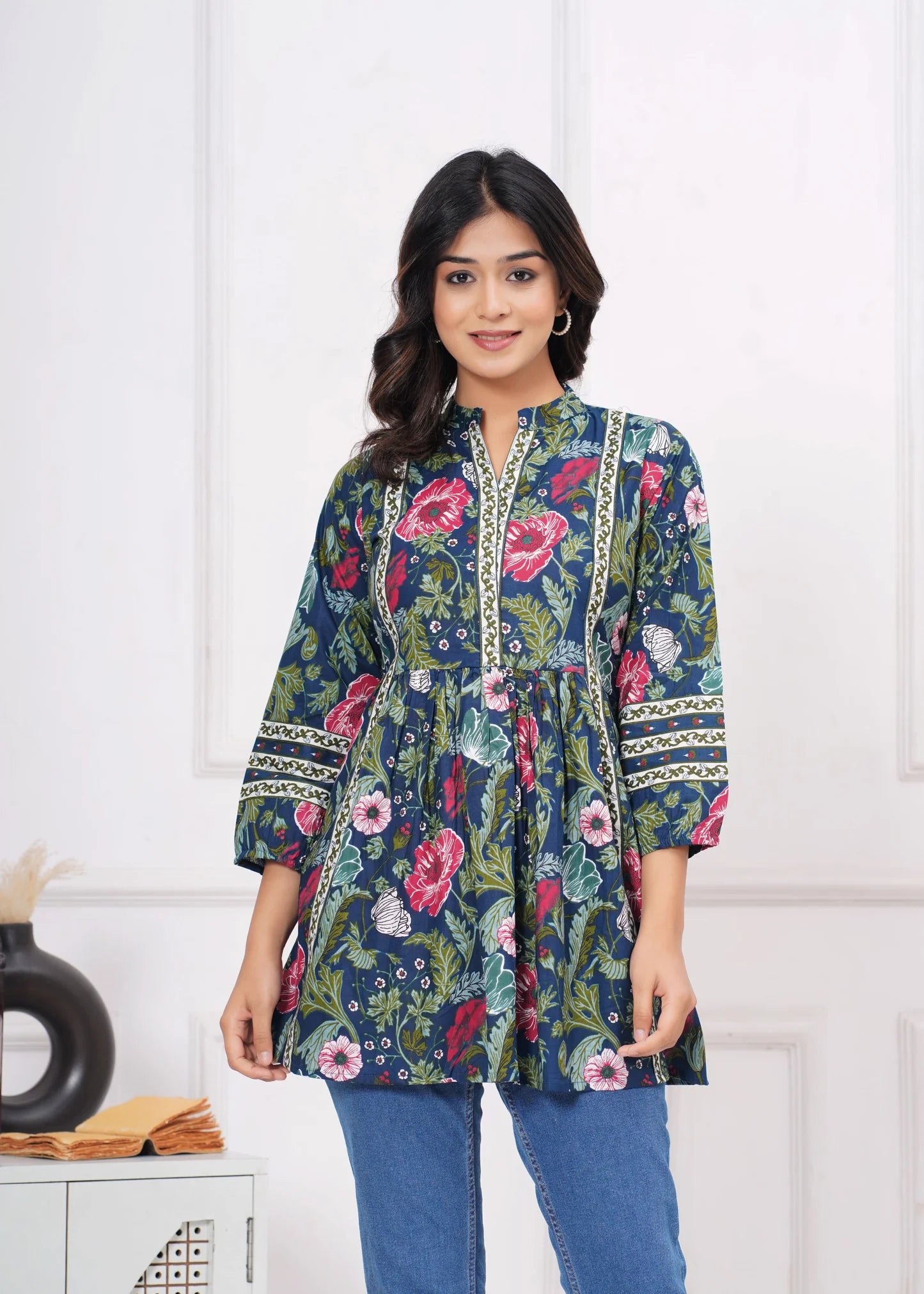 Silvi Dark Blue Floral Printed Western Top Collection