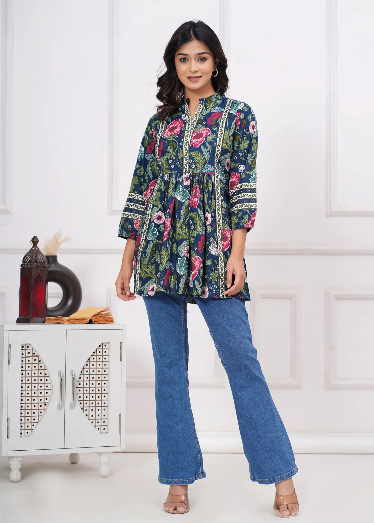 Silvi Dark Blue Floral Printed Western Top Collection