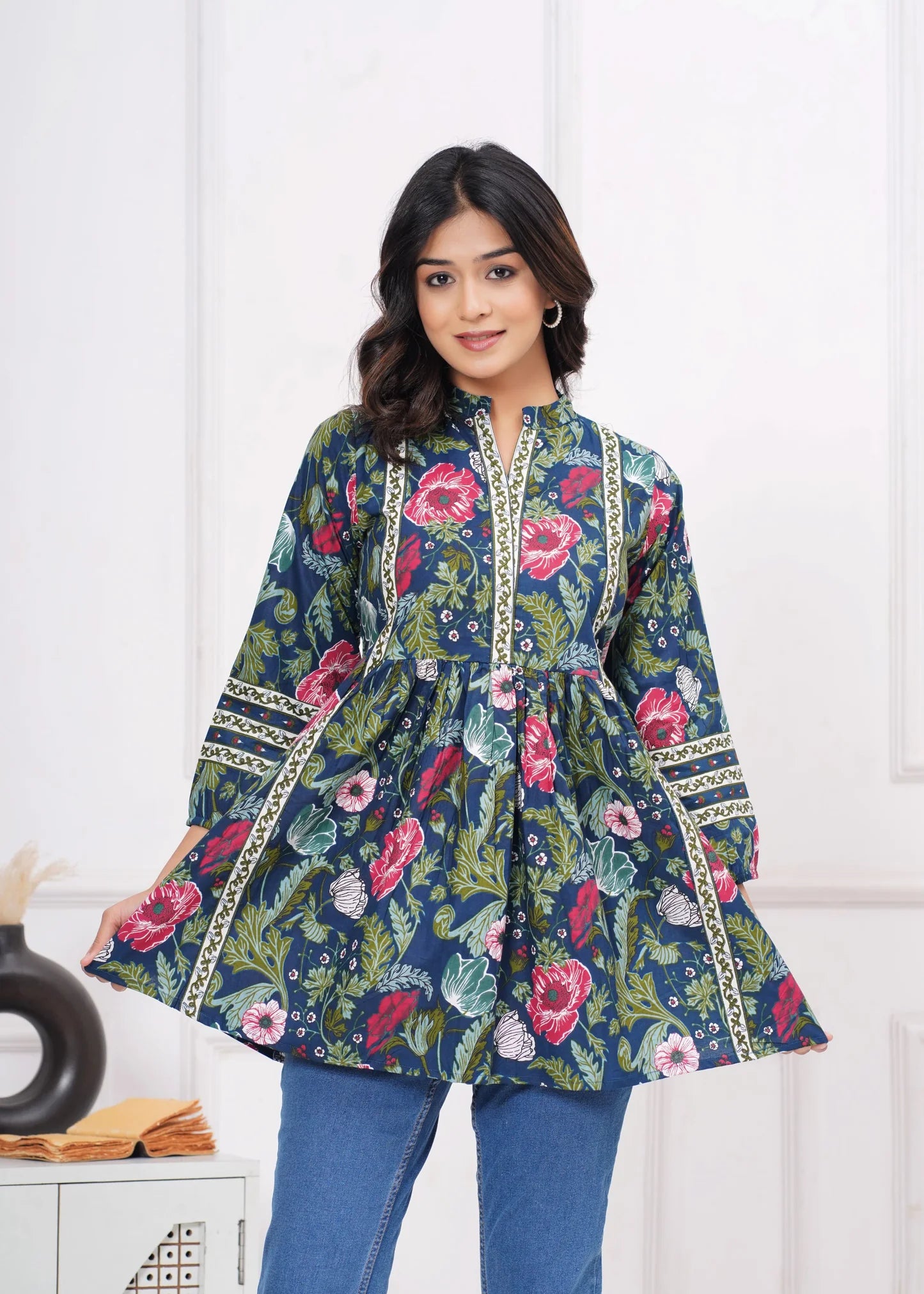 Silvi Dark Blue Floral Printed Western Top Collection