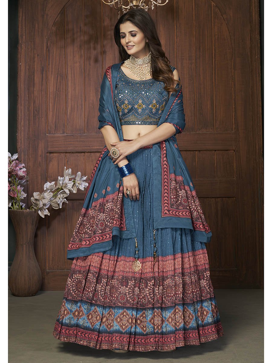 Aequa blue Chinon Embroidered Designer Lehenga - Saris & LehengasAequa blue Chinon Embroidered Designer Lehenga