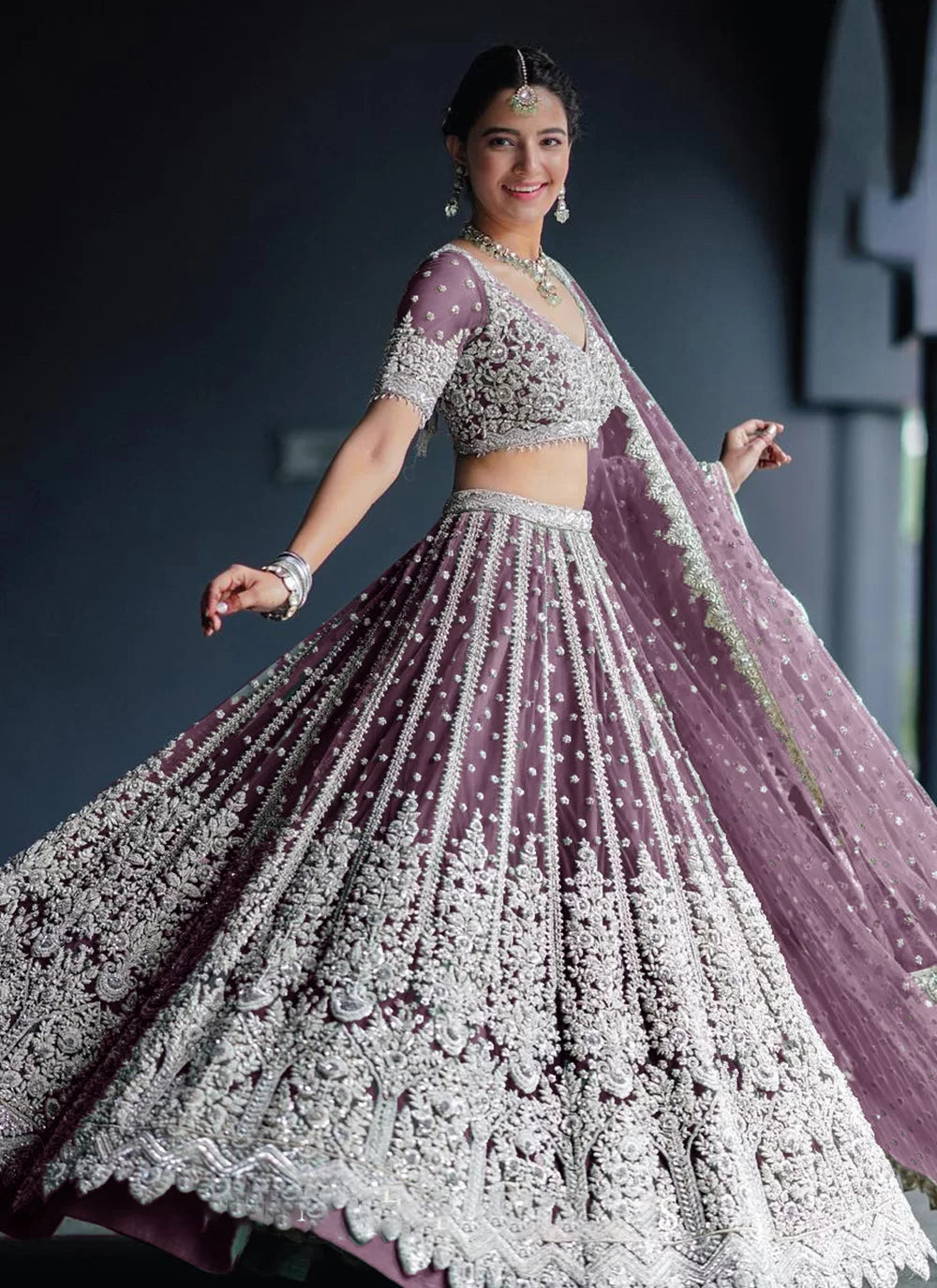 Purple A - Line Lehenga Choli With Diamond, Embroidered And Sequins Work