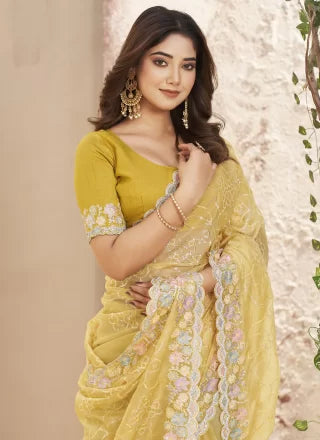 Fancy Fabric Trendy Saree In Yellow