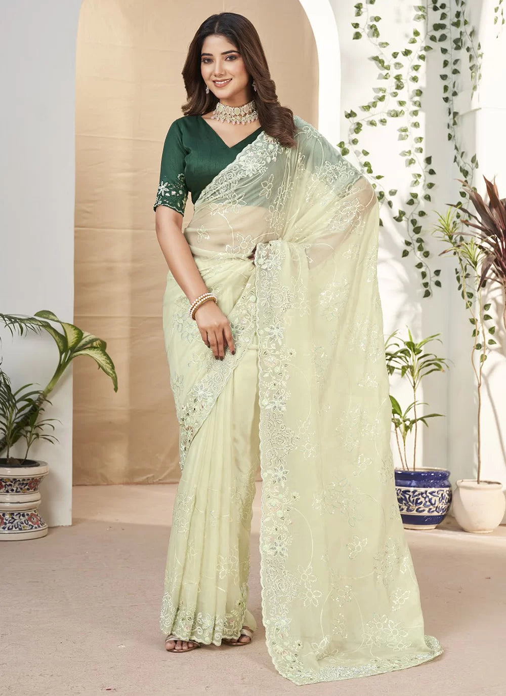 Green Fancy Fabric Contemporary Sari With Embroidered And Sequins Work For Engagement