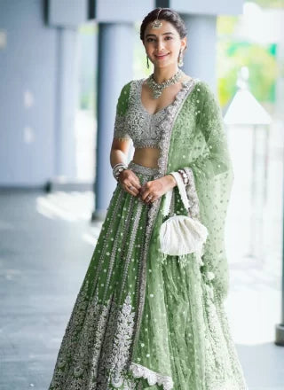 Green Net A - Line Lehenga Choli With Diamond, Embroidered And Sequins Work