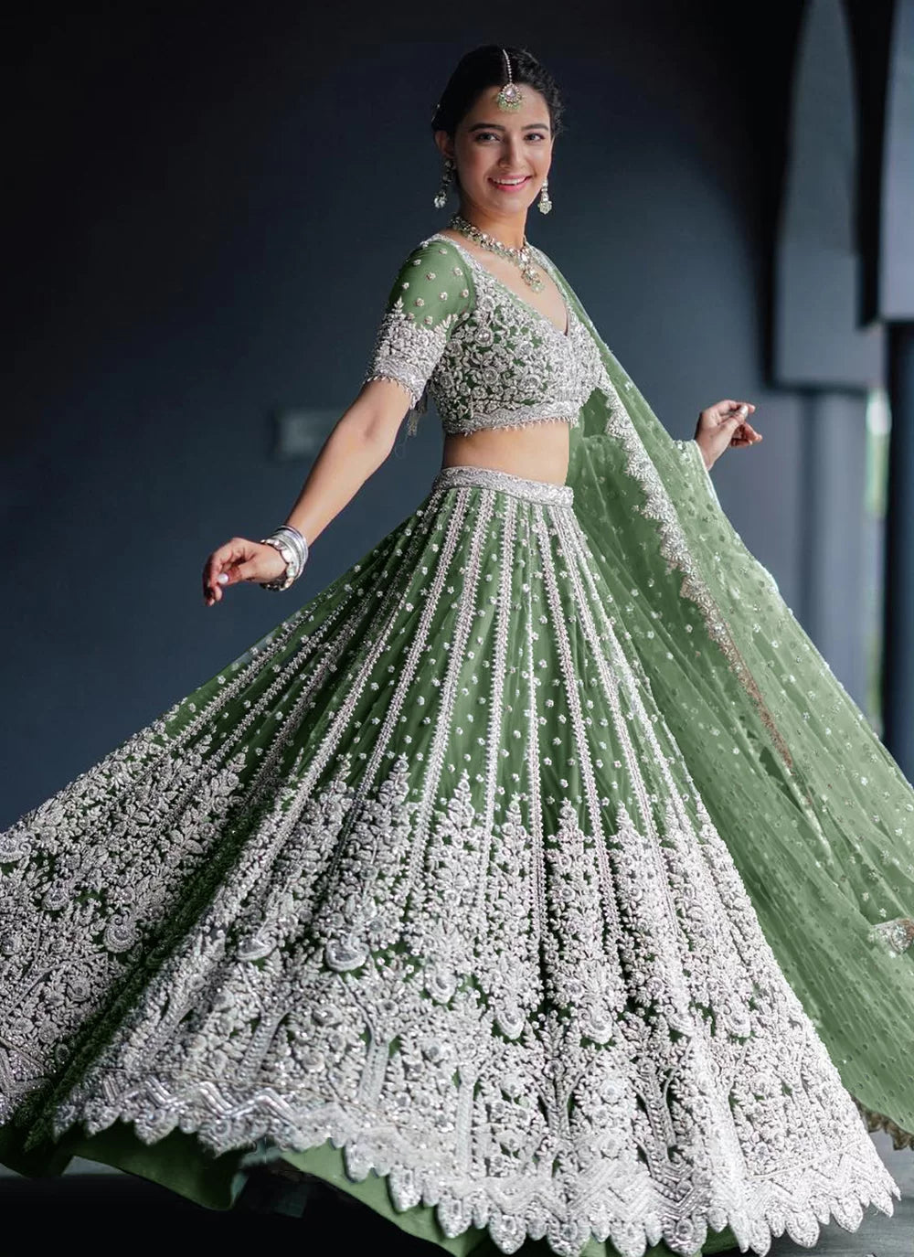 Green Net A - Line Lehenga Choli With Diamond, Embroidered And Sequins Work