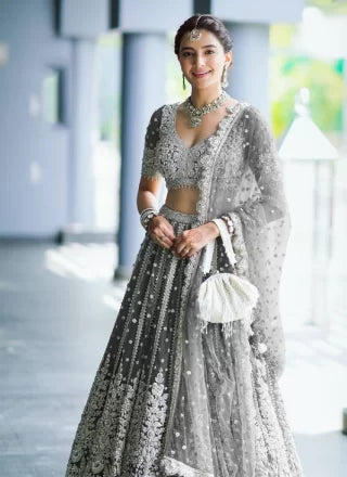 Grey A - Line Lehenga Choli With Diamond, Embroidered And Sequins Work