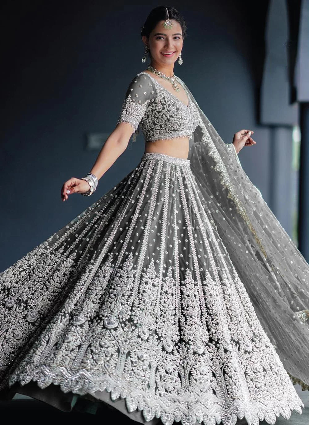 Grey A - Line Lehenga Choli With Diamond, Embroidered And Sequins Work