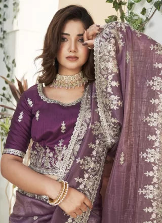 Purple Fancy Fabric Embroidered And Sequins Work Trendy Saree For Women