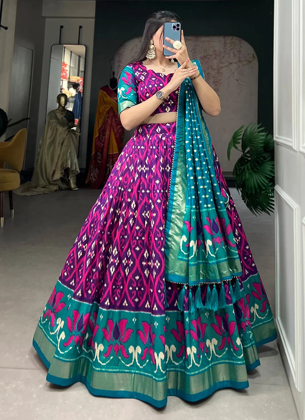 Purple Tussar Silk Foil Print Work Lehenga Choli For Women