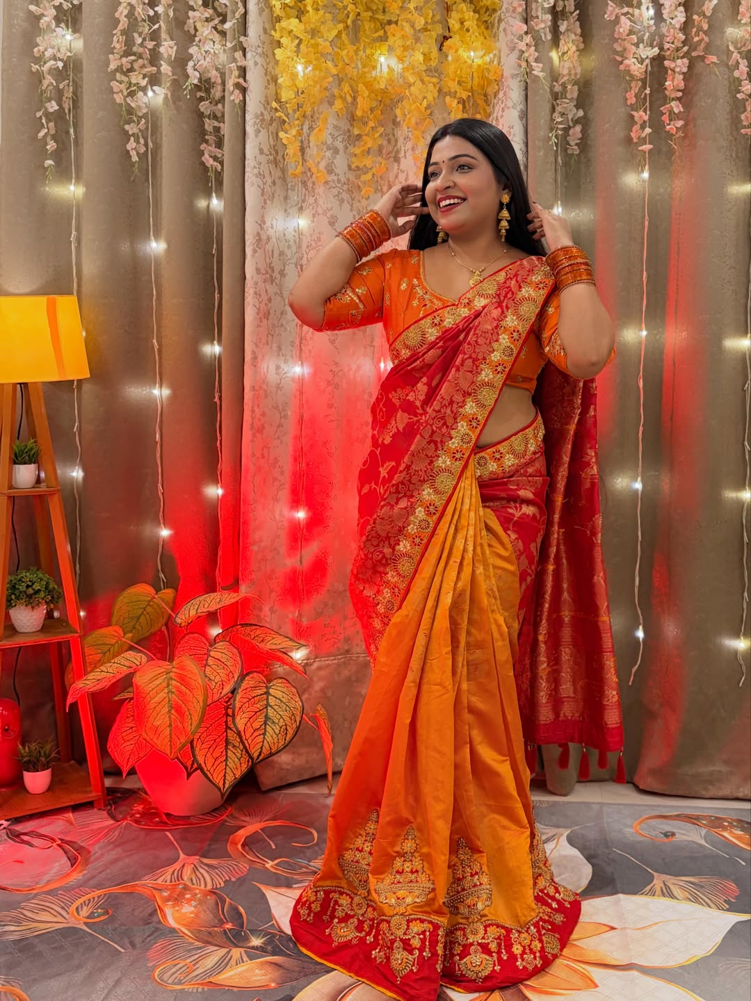 Trending red orange combination half half concept saree collection special for Puja function