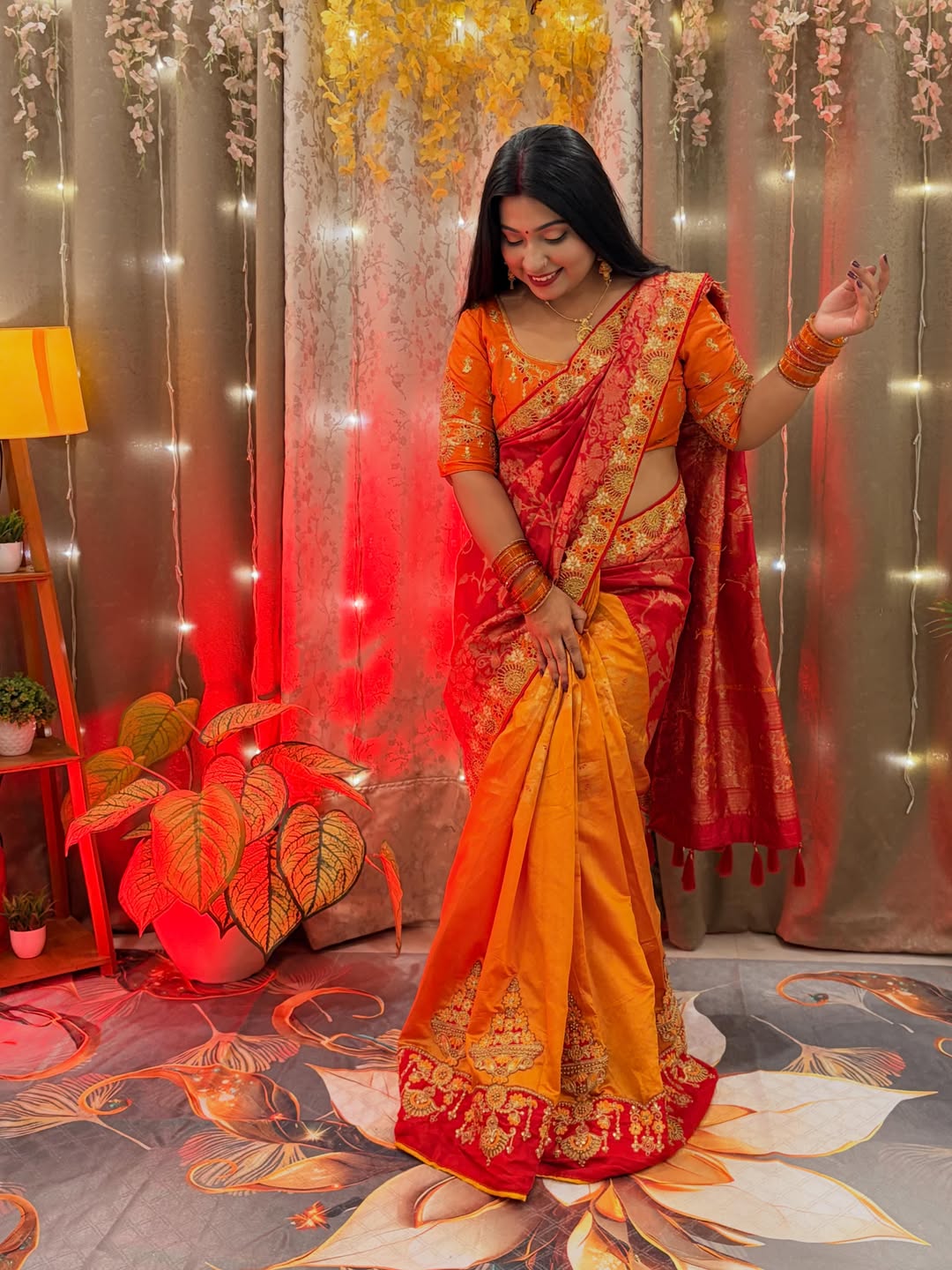 Trending red orange combination half half concept saree collection special for Puja function