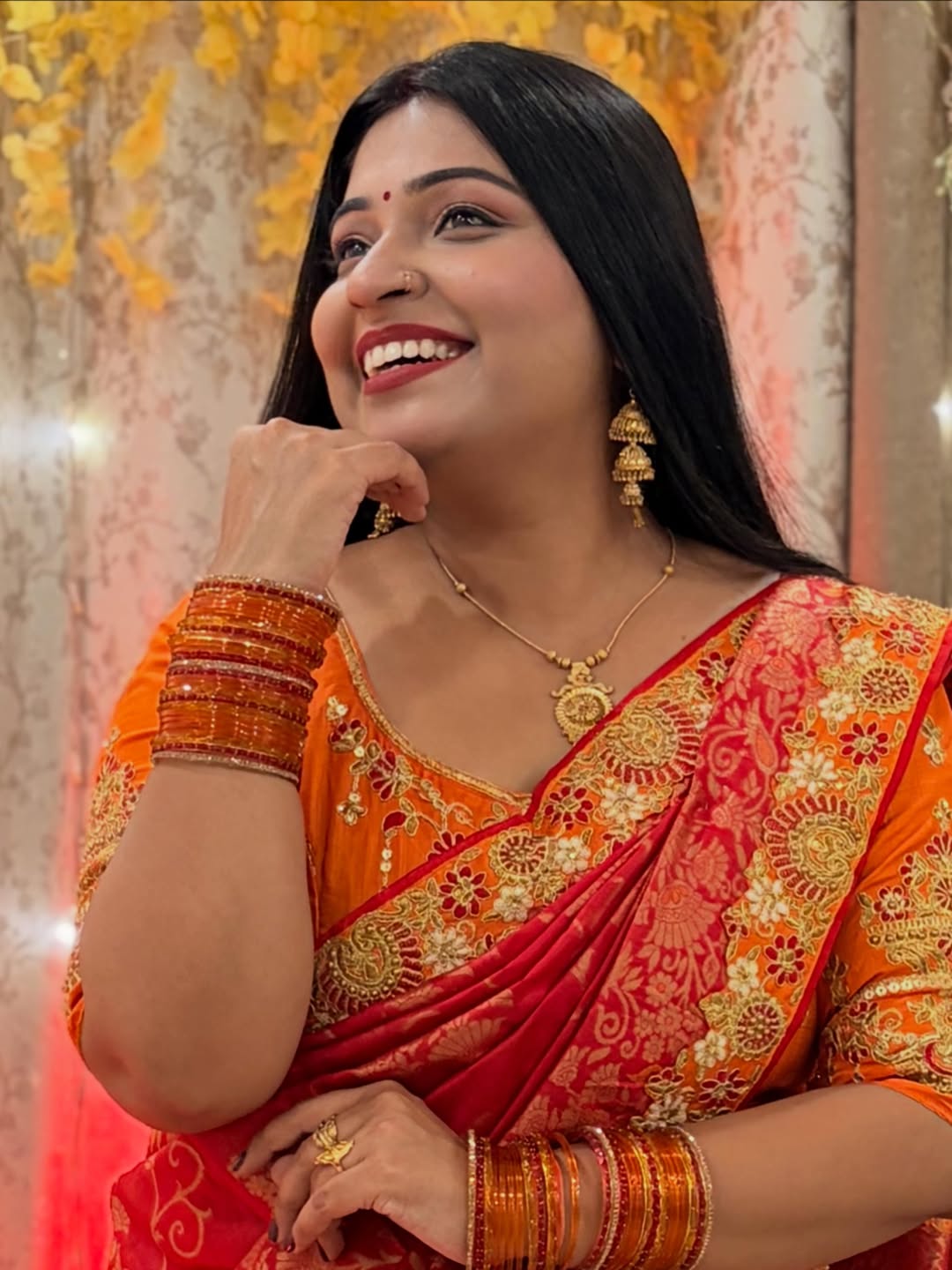 Trending red orange combination half half concept saree collection special for Puja function