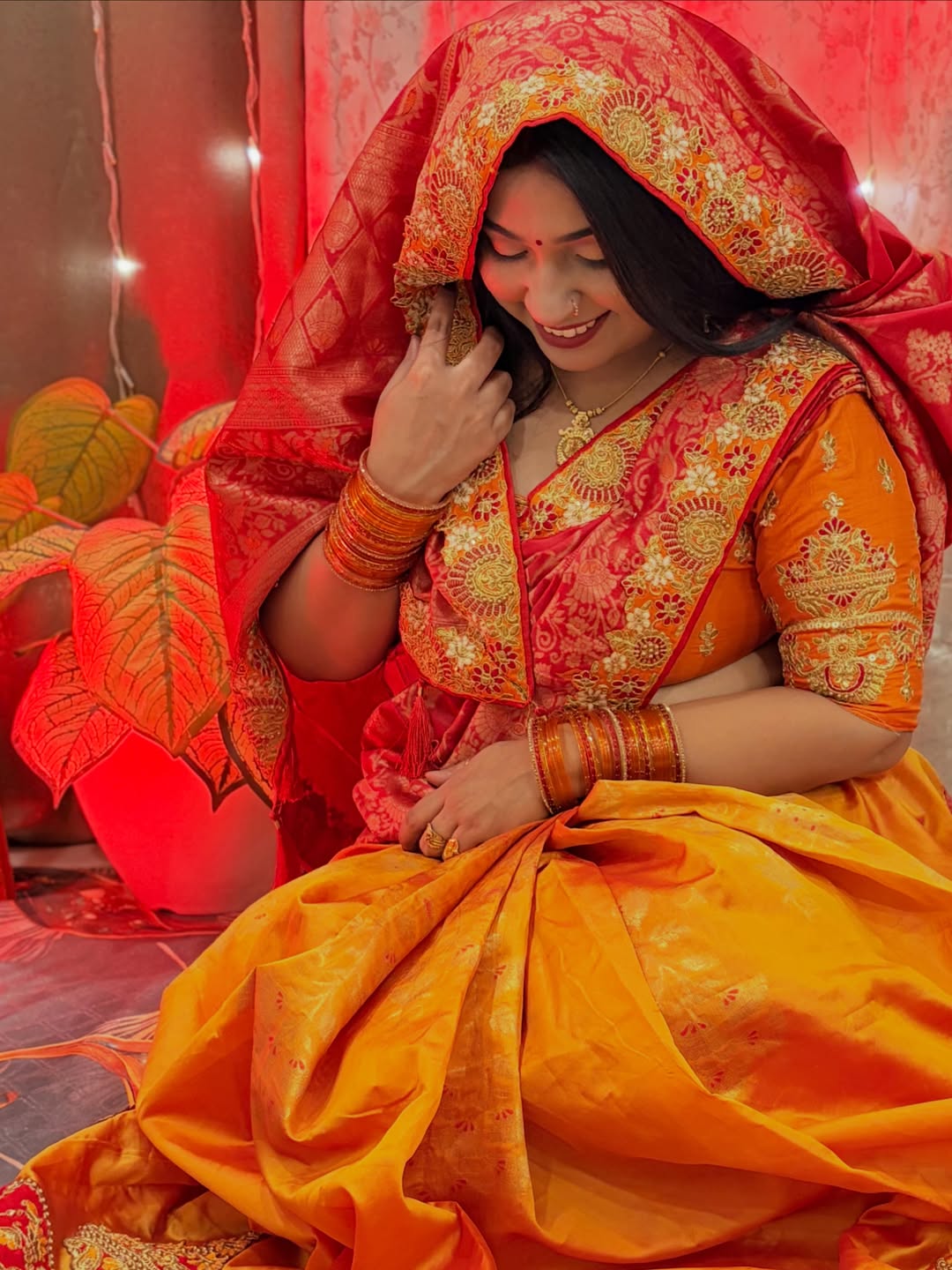 Trending red orange combination half half concept saree collection special for Puja function