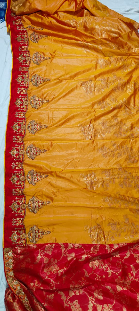 Trending red orange combination half half concept saree collection special for Puja function