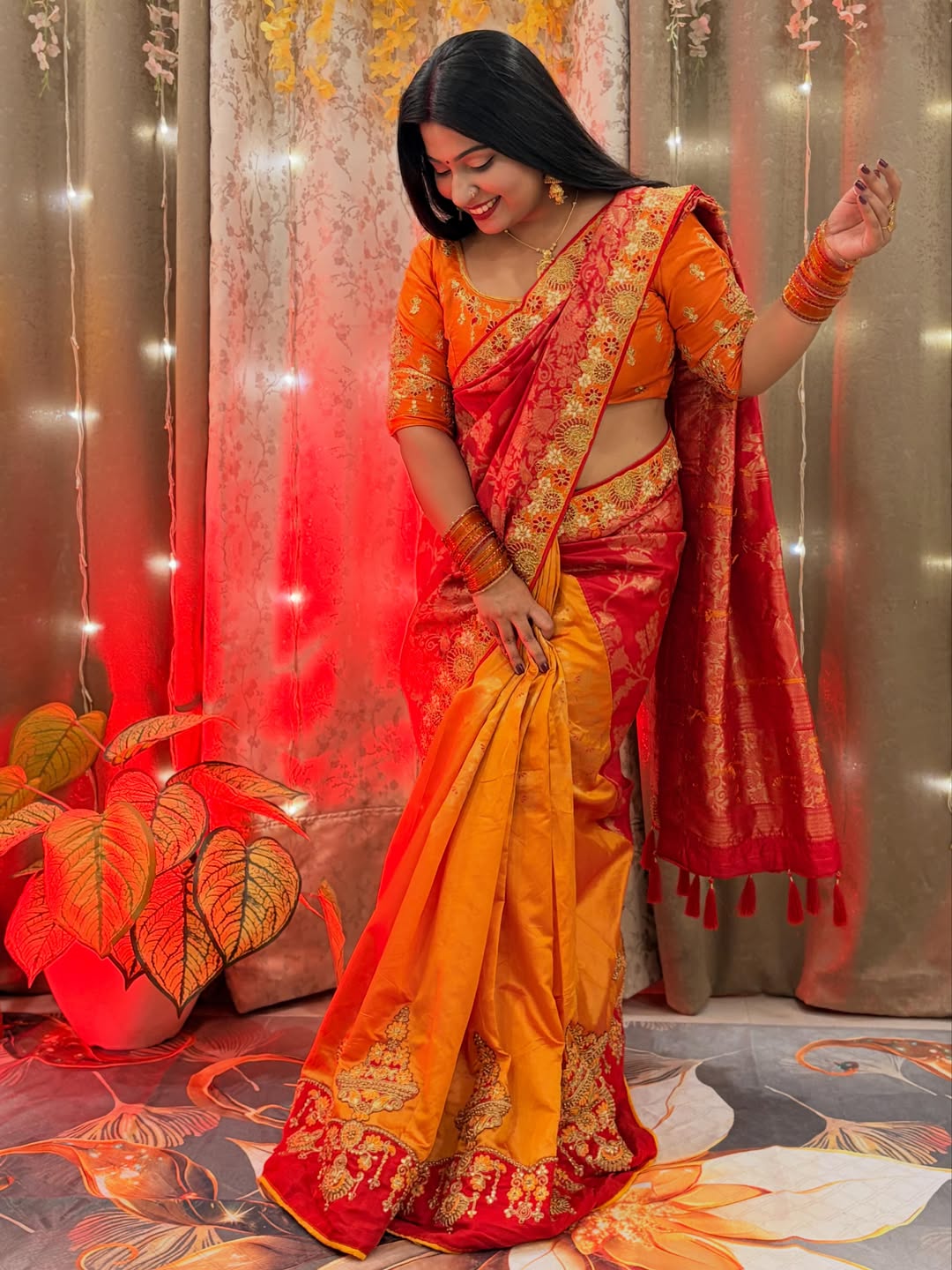 Trending red orange combination half half concept saree collection special for Puja function