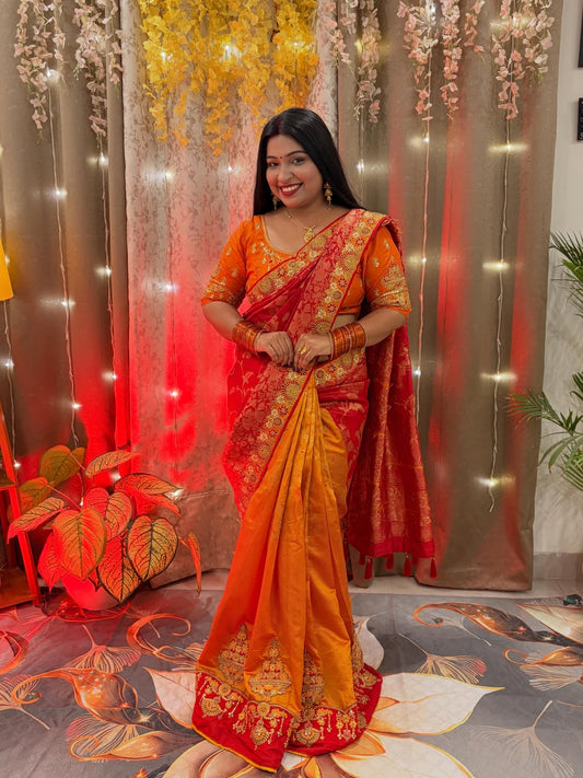 Trending red orange combination half half concept saree collection special for Puja function