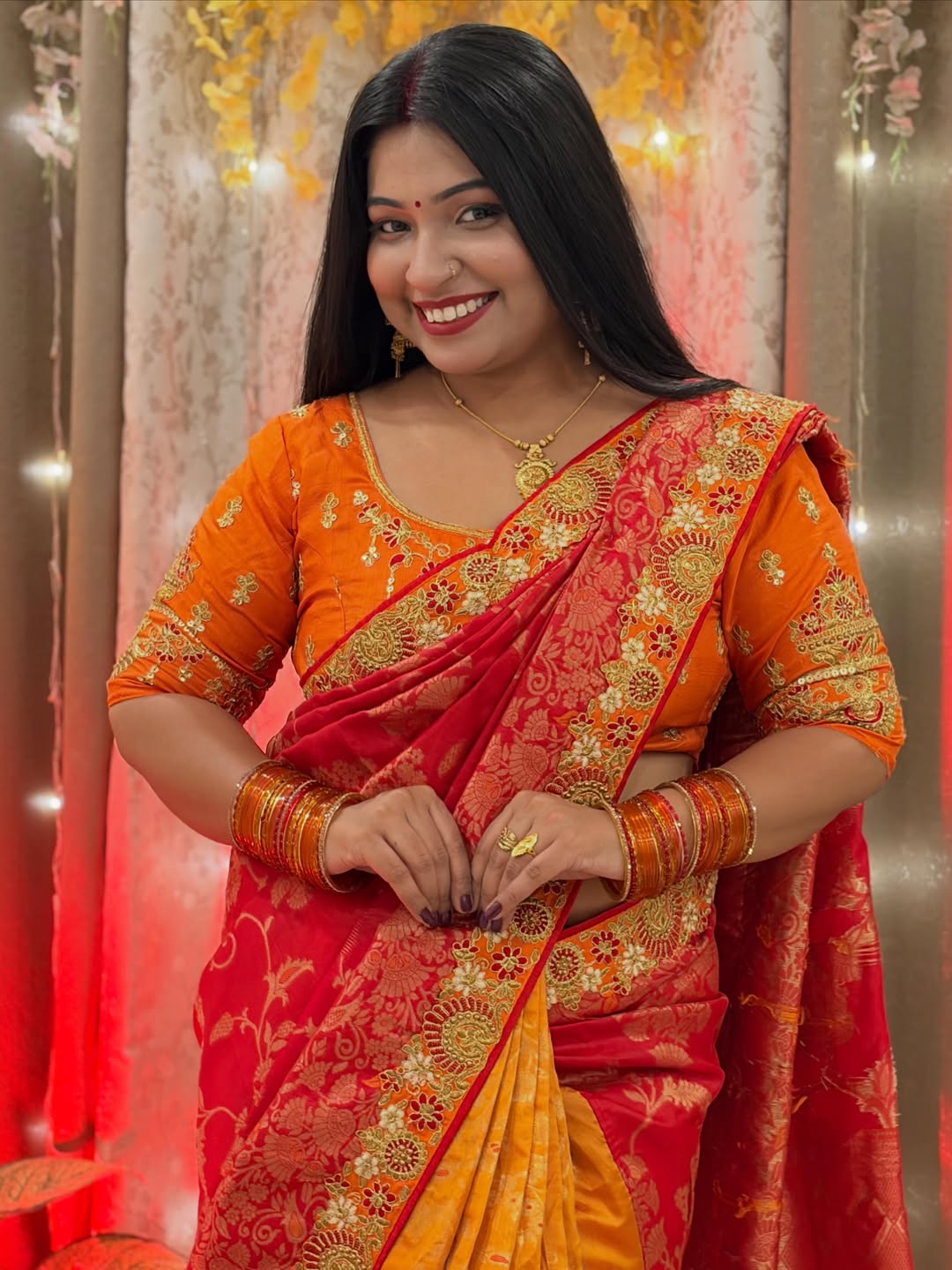 Trending red orange combination half half concept saree collection special for Puja function