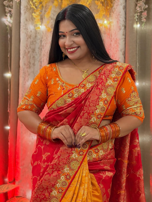 Trending red orange combination half half concept saree collection special for Puja function