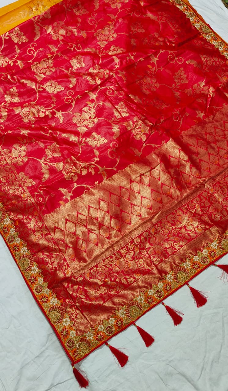 Trending red orange combination half half concept saree collection special for Puja function