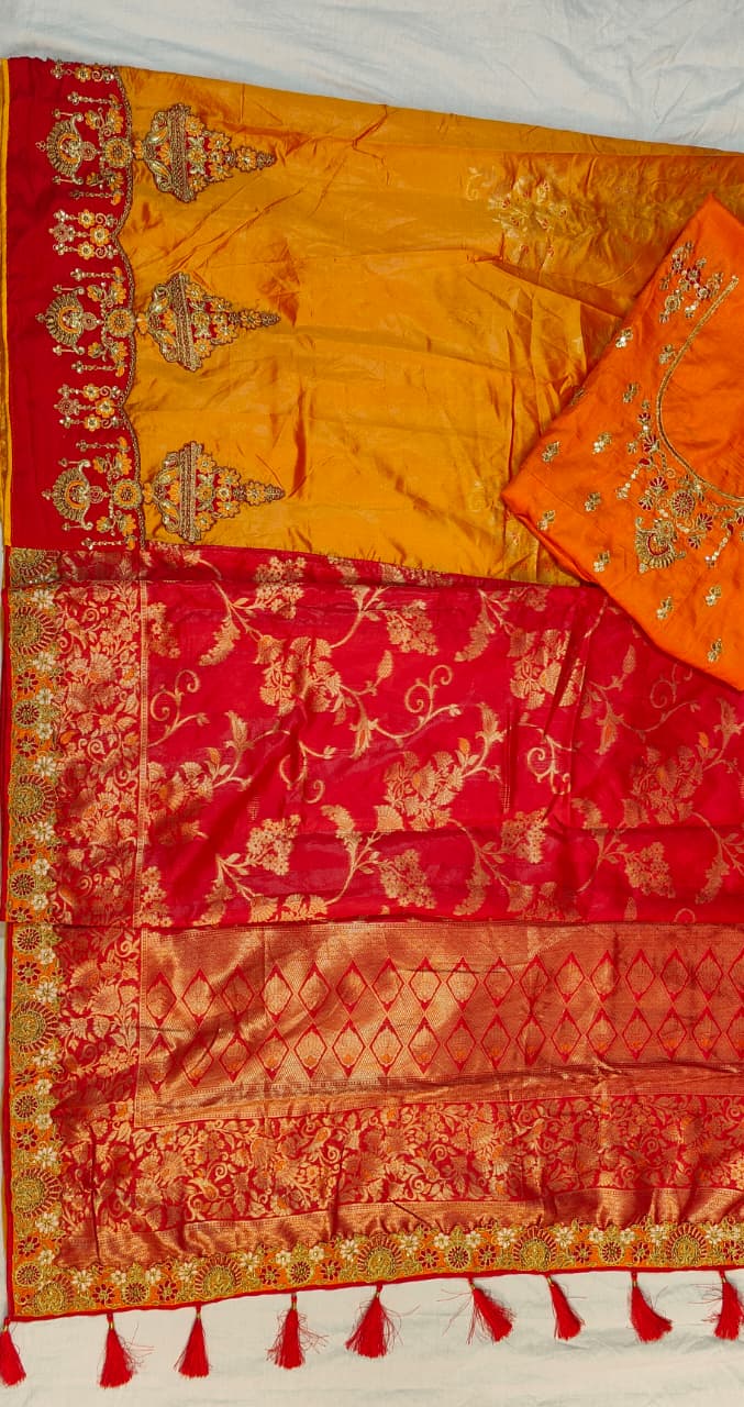 Trending red orange combination half half concept saree collection special for Puja function