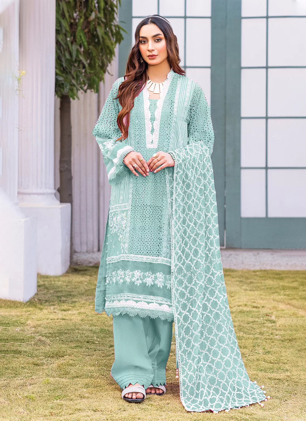 Sea Green Georgette Salwar Suit With Embroidered Work For Women