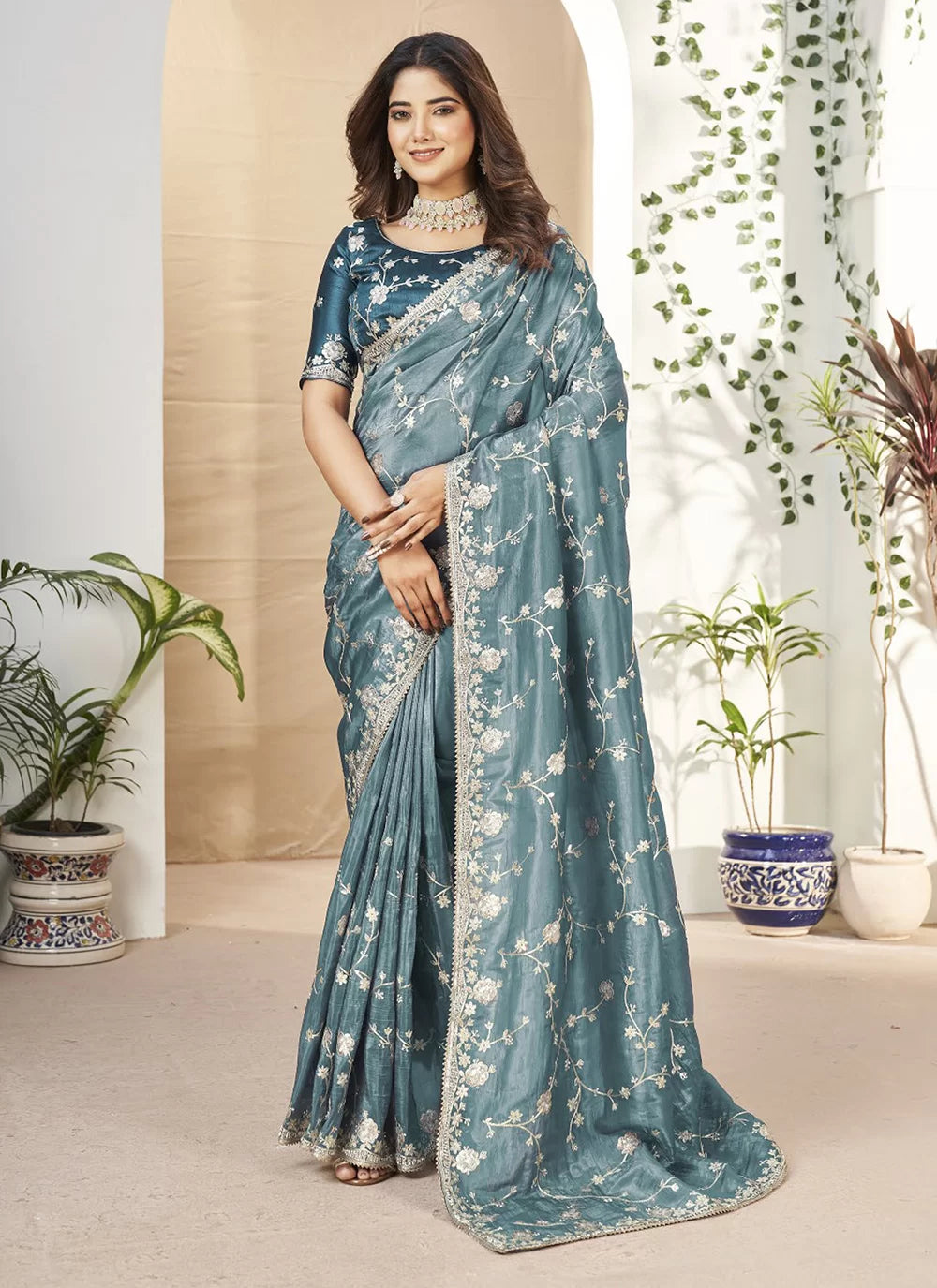 Teal Fancy Fabric Traditional Saree With Embroidered And Sequins Work