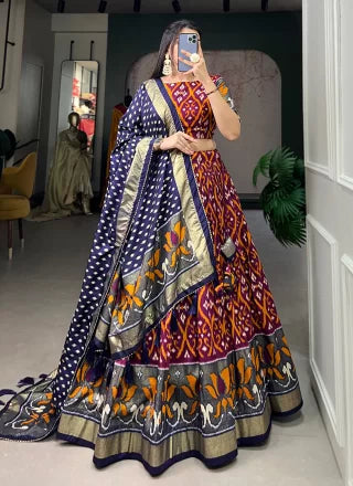 Wine Tussar Silk Foil Print Work Lehenga Choli For Ceremonial