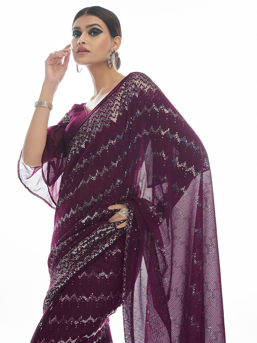 Wine Georgette Embroidered Designer Saree