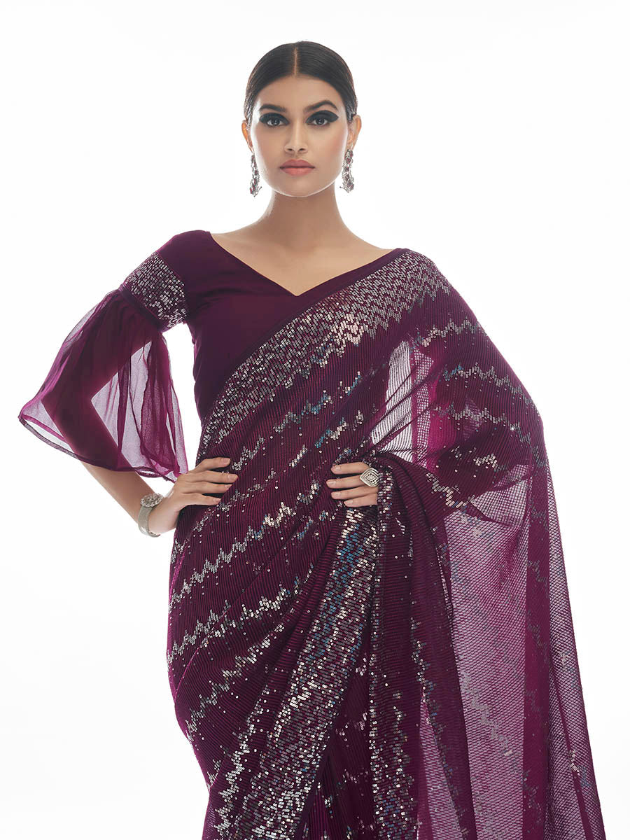 Wine Georgette Embroidered Designer Saree