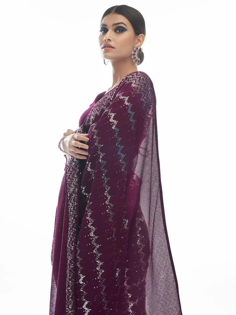 Wine Georgette Embroidered Designer Saree