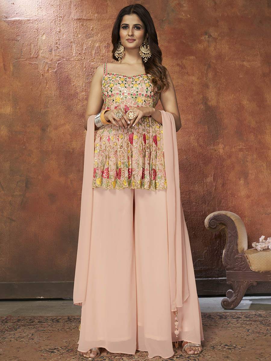 Peach Georgette Embroidered Designer Suit